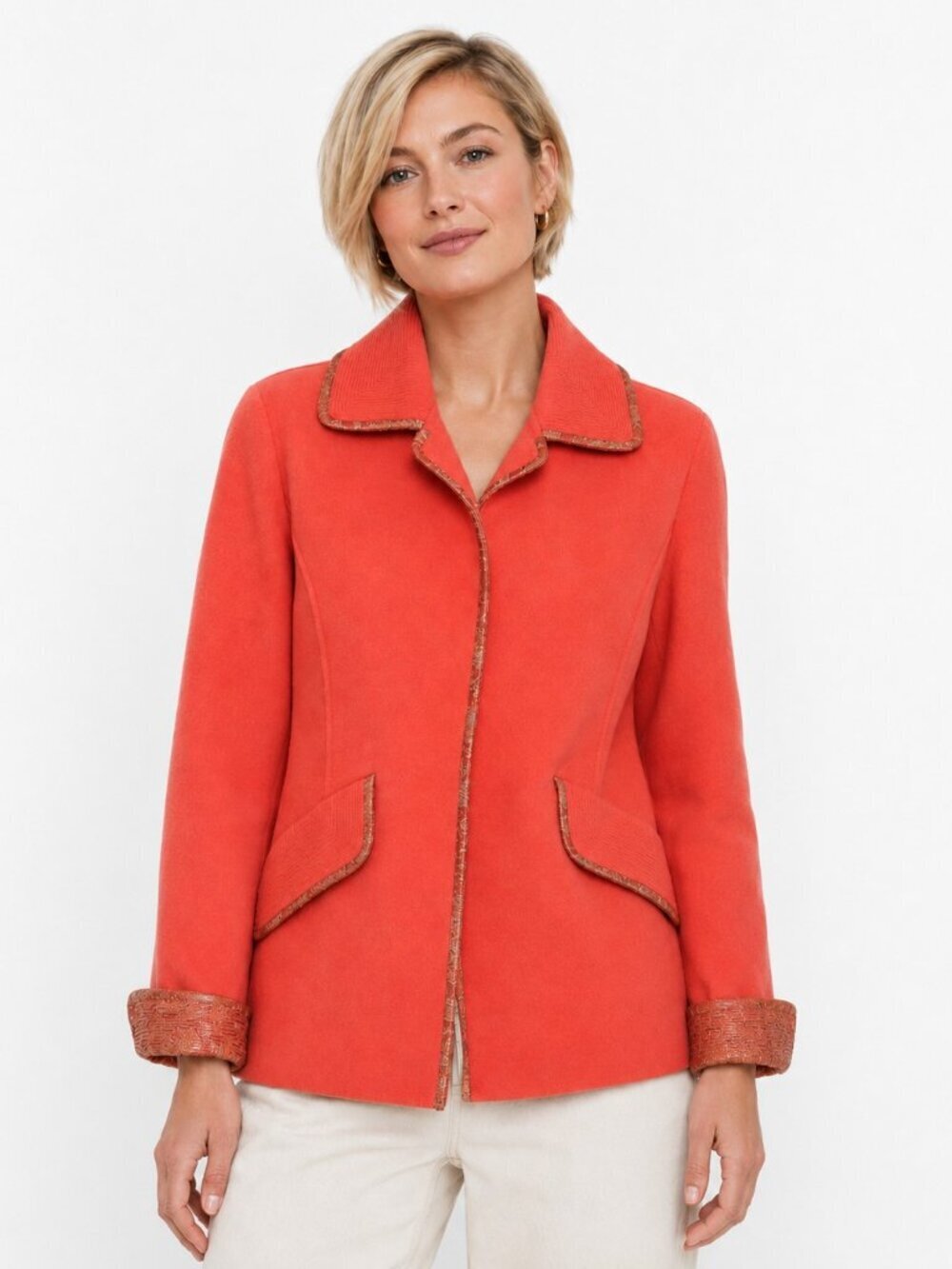 Ellen Tracy Coral Wool Quilted Silk Trim Jacket